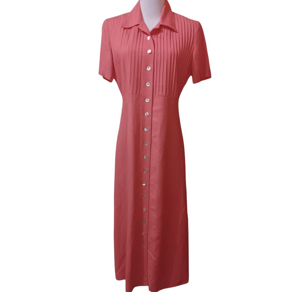 Long Linen Blend Midi Dress‎ 6 Short Sleeves Pin Tucks Retro Party Romantic Pink